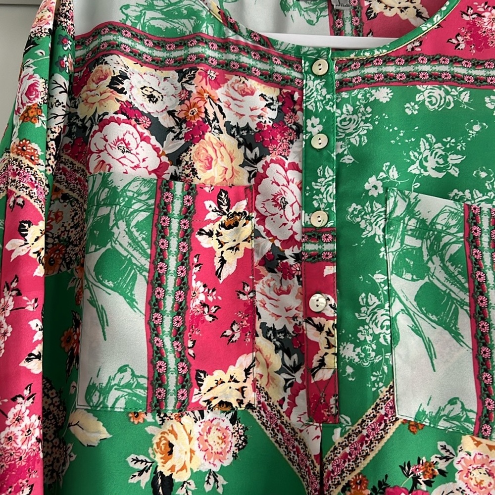 Anthropologie Figueroa & Flower Boho Tunic Pink Green White 3/4 flare Sleeves - Picture 2 of 8